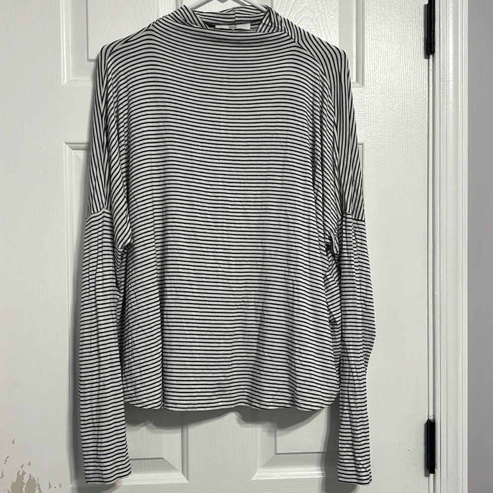 Boutique | Black and white stripe mock neck blouse
